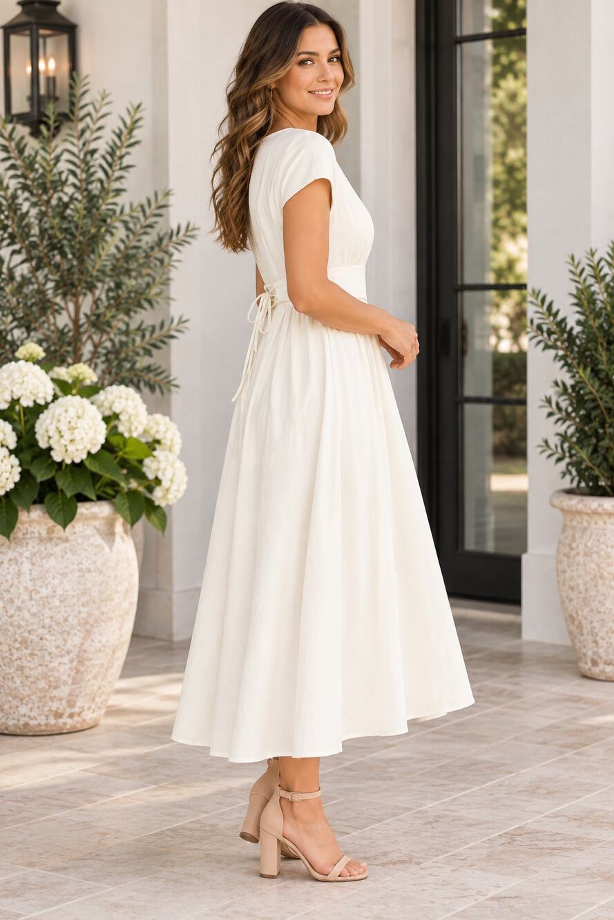 Ivory Lace Up Back Midi Dress XL Fit & Flare Romantic Bridal Occasion
